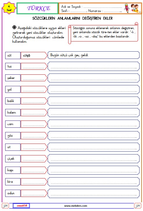 4. Sınıf Türkçe Sözcüklerin Anlamlarını Değiştiren Ekler Etkinliği 1